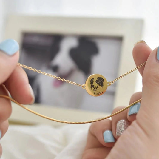 Custom Pet Photo Bracelet - Personalized Engraved Pet Memorial Jewelry, Adjustable 7" to 9" Titanium Steel Chain with 0.5" Gold-Plated Charm