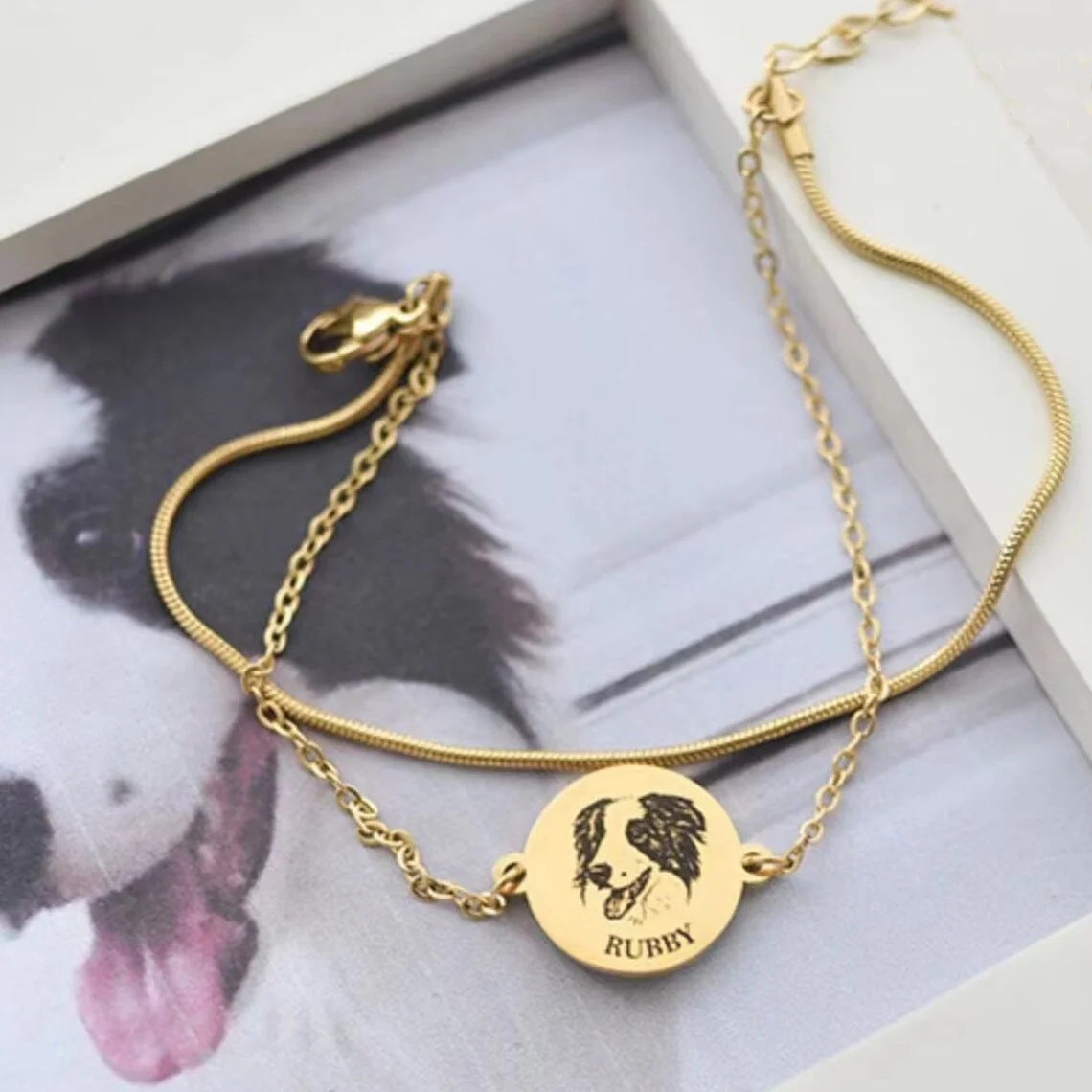 Custom Pet Photo Bracelet - Personalized Engraved Pet Memorial Jewelry, Adjustable 7" to 9" Titanium Steel Chain with 0.5" Gold-Plated Charm
