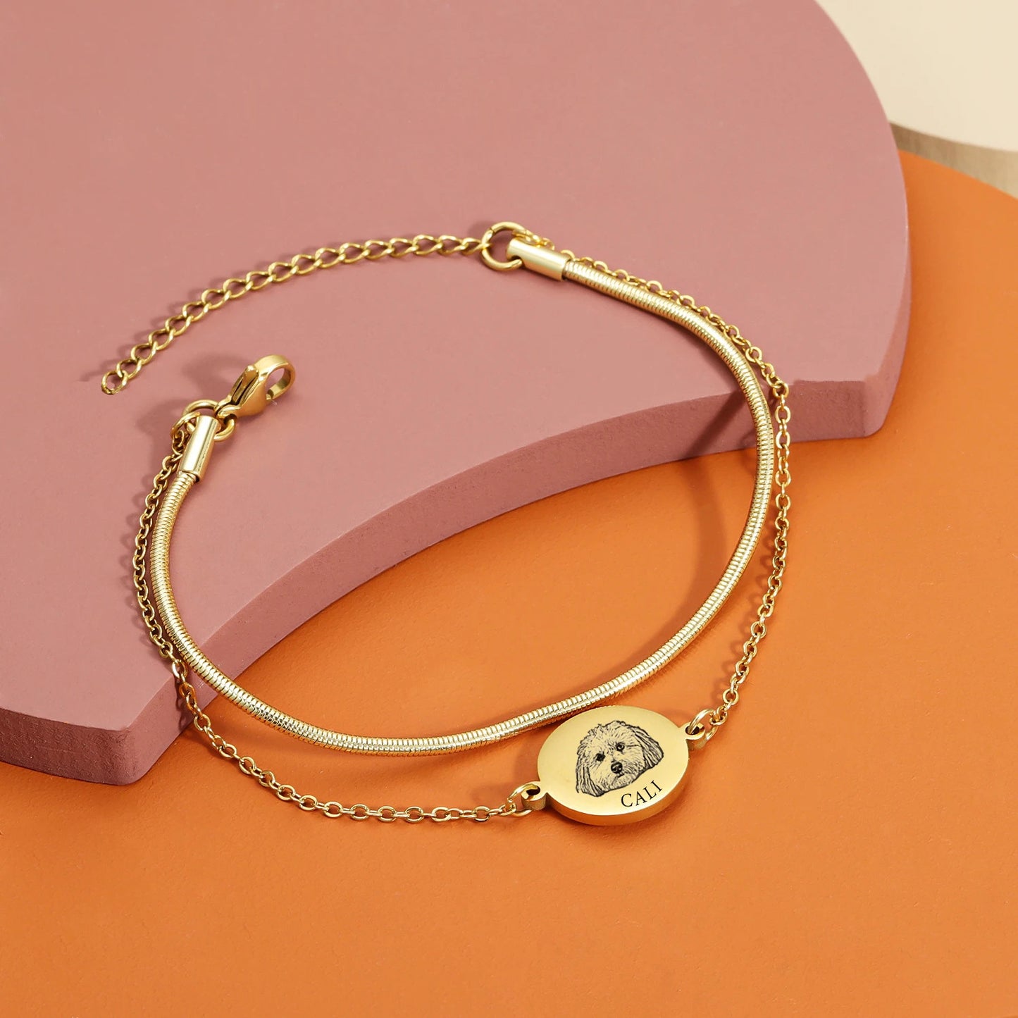 Custom Pet Photo Bracelet - Personalized Engraved Pet Memorial Jewelry, Adjustable 7" to 9" Titanium Steel Chain with 0.5" Gold-Plated Charm