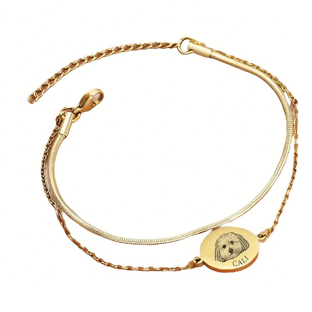 Custom Pet Photo Bracelet - Personalized Engraved Pet Memorial Jewelry, Adjustable 7" to 9" Titanium Steel Chain with 0.5" Gold-Plated Charm